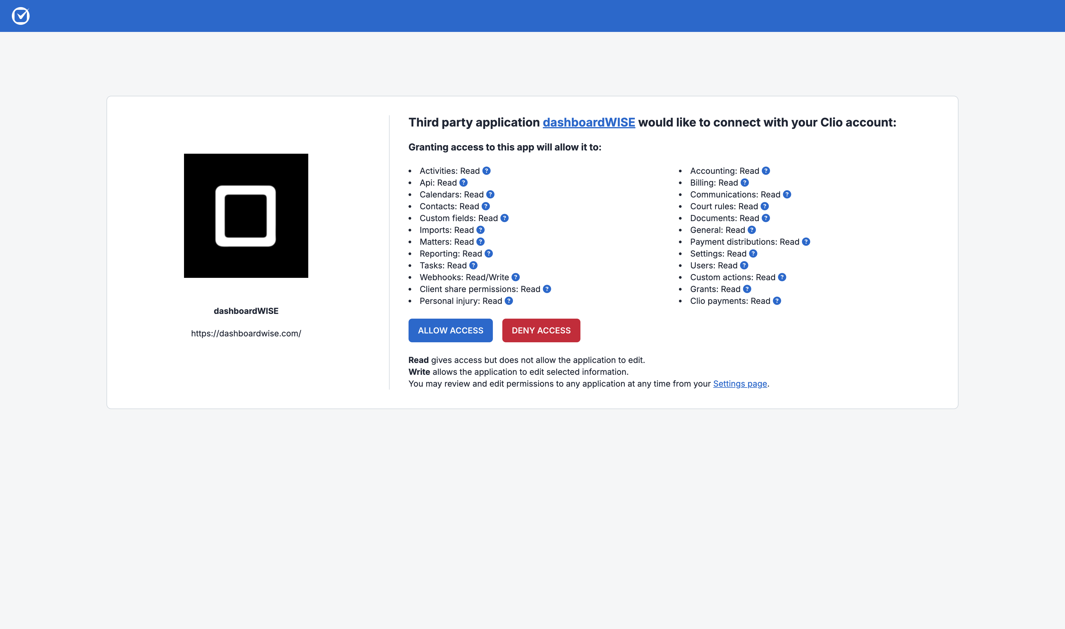 Clio authorization page asking to allow dashboardWISE access to the firm's Clio account