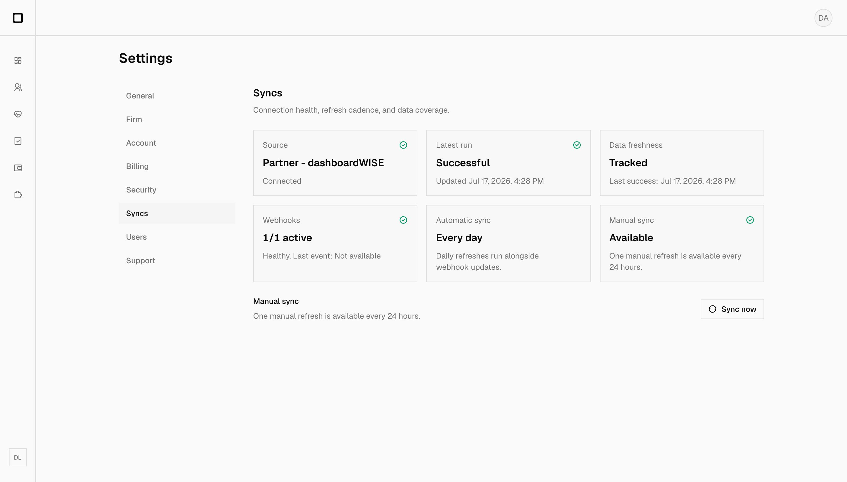 dashboardWISE sync settings showing Smokeball connection health and data freshness
